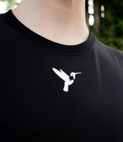 Close-up Bird of Thunder logo on black T-shirt